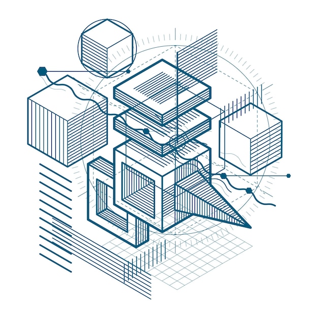 Isometric abstract background with lines and other different elements, vector abstract template. Composition of cubes, hexagons, squares, rectangles and different abstract elements.