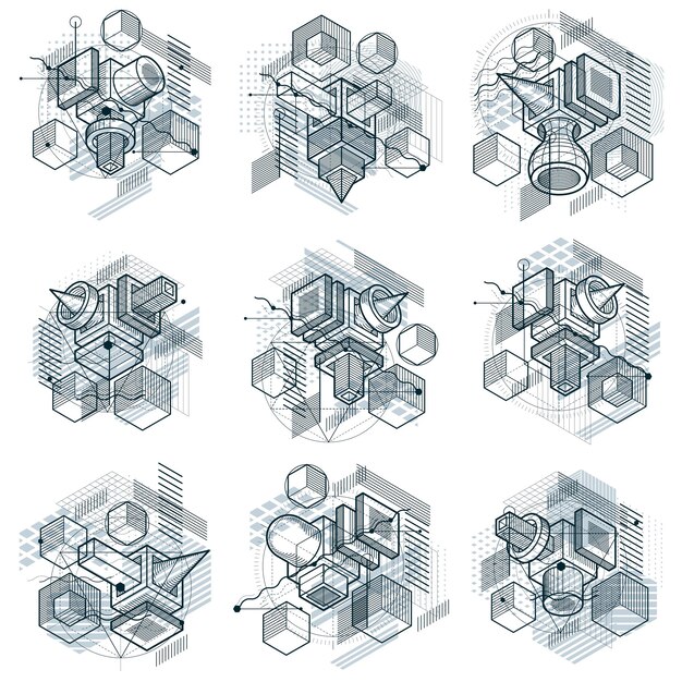Isometric abstract backgrounds with linear dimensional shapes, vector 3d mesh elements. Compositions of cubes, hexagons, squares, rectangles and different abstract elements. Vector collection.