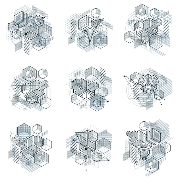 Isometric abstract backgrounds with linear dimensional shapes, vector 3d mesh elements. Compositions of cubes, hexagons, squares, rectangles and different abstract elements. Vector collection.
