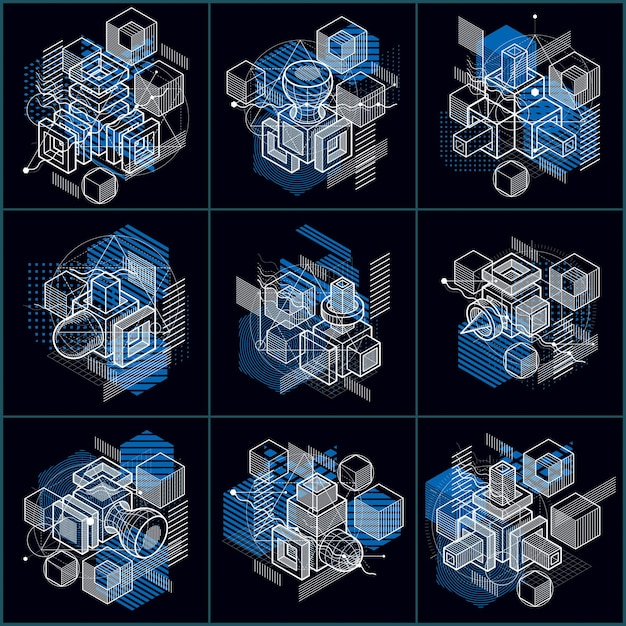 Isometric abstract backgrounds with linear dimensional shapes, vector 3d mesh elements. Compositions of cubes, hexagons, squares, rectangles and different abstract elements. Vector collection.