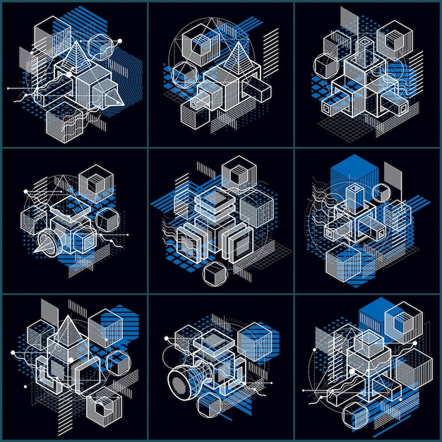 Isometric abstract backgrounds with linear dimensional shapes, vector 3d mesh elements. Compositions of cubes, hexagons, squares, rectangles and different abstract elements. Vector collection.