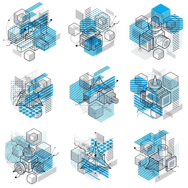 Isometric abstract backgrounds with lines and other different elements, vector abstract templates. Compositions of cubes, hexagons, squares, rectangles and different abstract elements. Vector set.