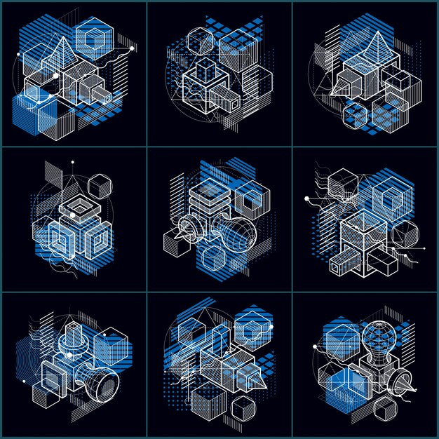 Isometric abstract backgrounds with lines and other different elements, vector abstract templates. Compositions of cubes, hexagons, squares, rectangles and different abstract elements. Vector set.