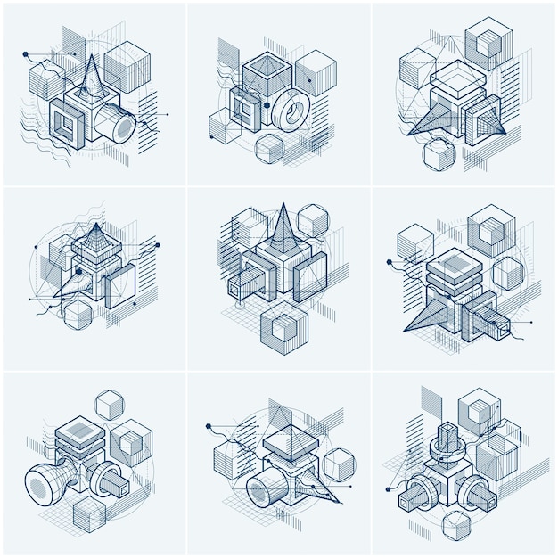 Isometric abstract backgrounds with lines and other different elements, vector abstract templates. Compositions of cubes, hexagons, squares, rectangles and different abstract elements. Vector set.
