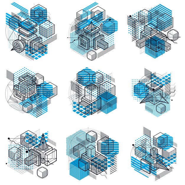 Isometric abstract backgrounds with lines and other different elements, vector abstract templates. Compositions of cubes, hexagons, squares, rectangles and different abstract elements. Vector set.