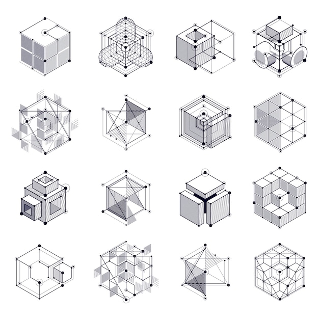 Isometric abstract black and white backgrounds set with linear dimensional cube shapes, vector 3d mesh elements. Layout of cubes, hexagons, squares, rectangles and different abstract elements.