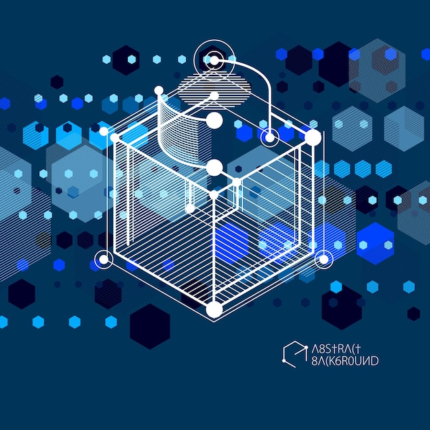Isometric abstract dark blue background with linear dimensional cube shapes, vector 3d mesh elements. Layout of cubes, hexagons, squares, rectangles and different abstract elements.