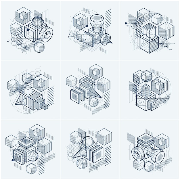 Isometric abstractions with lines and different elements, vector abstract backgrounds. Compositions of cubes, hexagons, squares, rectangles and different abstract elements. Vector set.