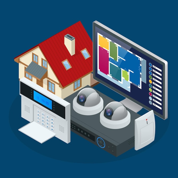 Isometric alarm system home. Home security. Security alarm keypad with person arming the system. Access, Alarm zones, security system panel vector illustration