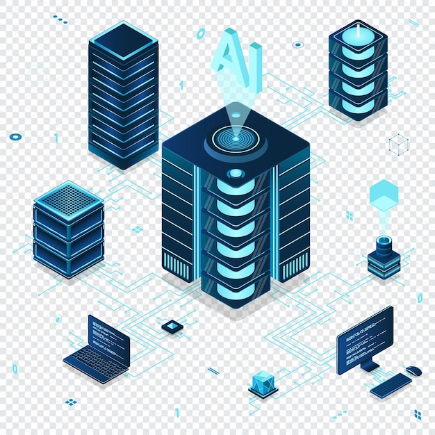Isometric artificial intelligence technology Isometric cloud computing concept Artificial intelligence neural network future technology Server computers