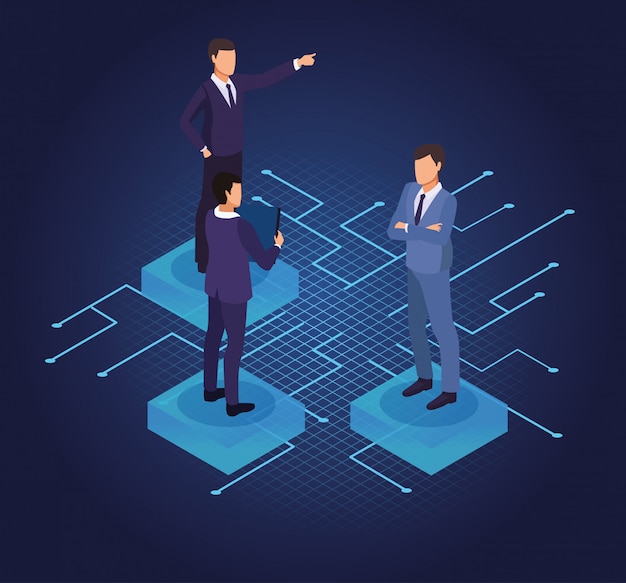 isometric businessmen and technology