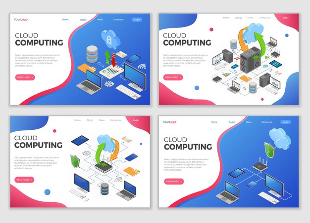 Isometric cloud computing technology landing page templates