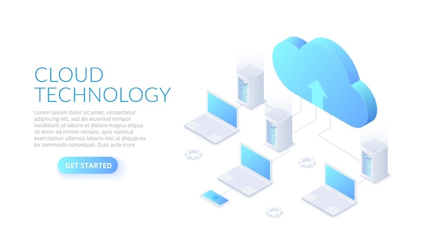 Isometric cloud technology with datacenter and laptops Web hosting concept