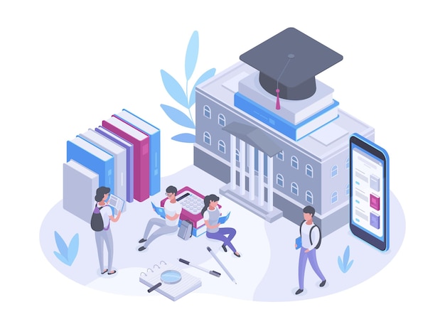 Isometric college campus and students characters learning education concept vector illustration