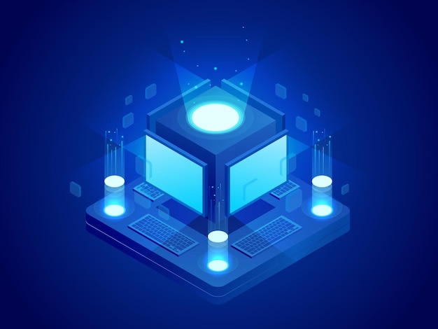 Isometric concept of artificial intelligence controls computers or internet, digital network. Chatbot, video broadcast, stories, SMM promotion, online analytics. Technology web virtual background.