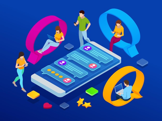 Isometric concept of social media network digital communication chatting Online chat man and woman app icons Chat messages notification on smartphone
