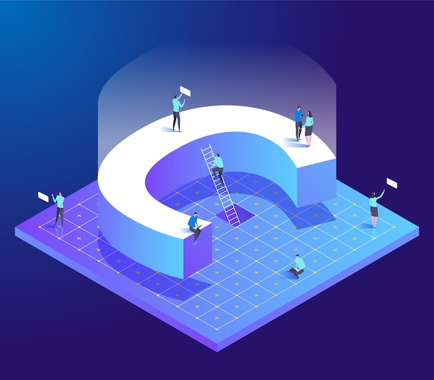 Isometric creative font with Letter C and small people