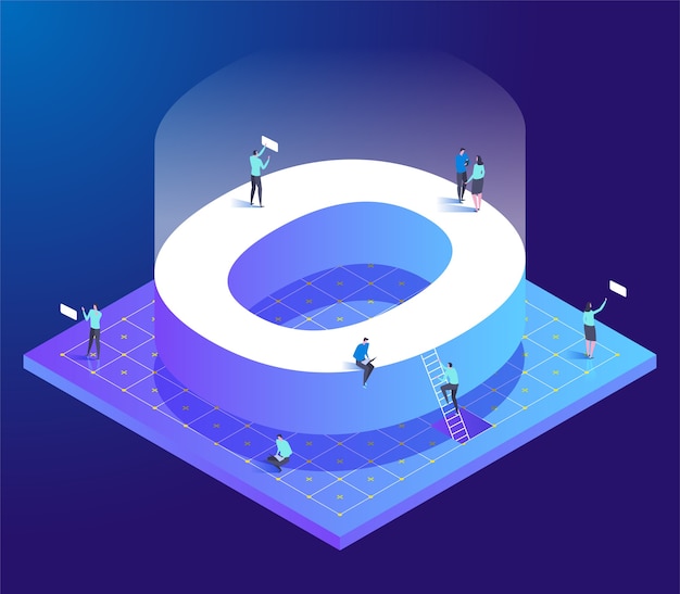 Isometric creative font with Letter O and small people