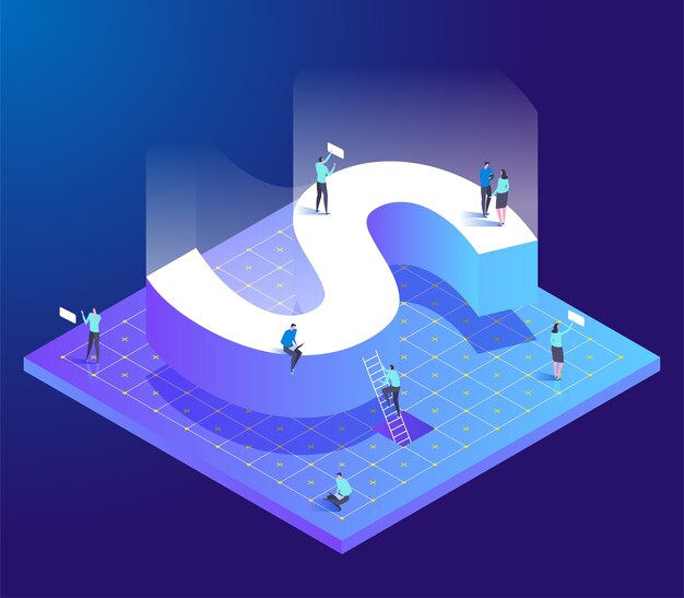 Isometric creative font with Letter S and small people