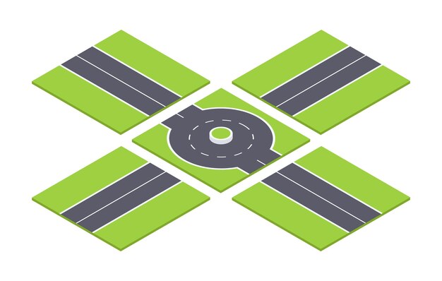Isometric crossroad Urban asphalt city road street road tiles 3d vector illustration Traffic circle on white background