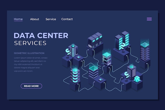 Isometric data center landing page Networking database cloud storage Digital technology website landing page Isometric technology