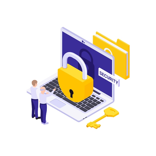 isometric data security concept with two people and lock on computer