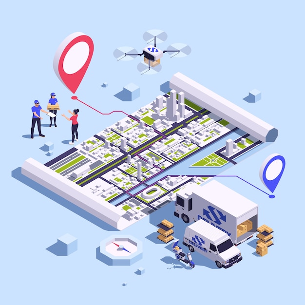 isometric delivery composition background with a map