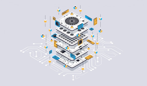 Isometric design concept virtual reality and augmented reality. software development and programming. Computation of big data center, quantum computer isometric   technology