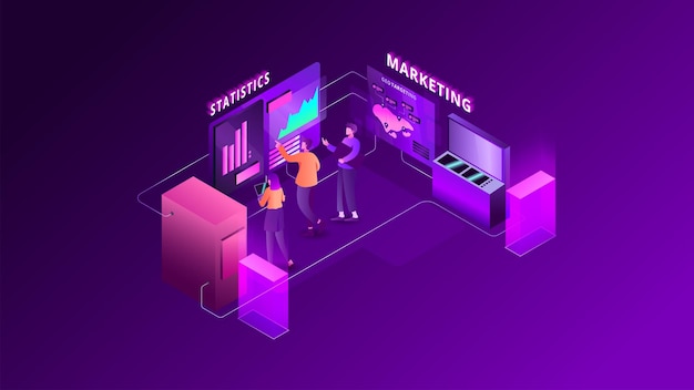 isometric design of computer background business statistical data and chart table