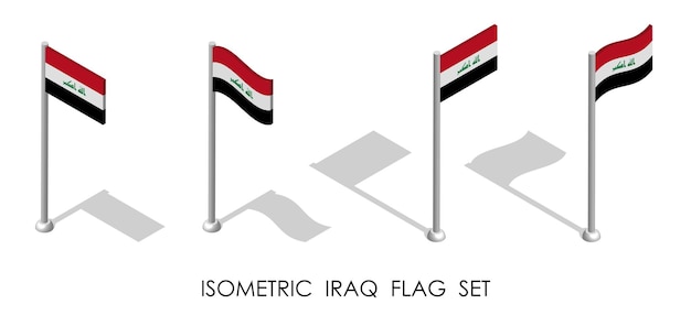 isometric flag of Republic of IRAQ in static position and in motion on flagpole 3d vector