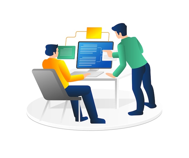 Isometric flat 3d illustration concept of team discussing work on computer