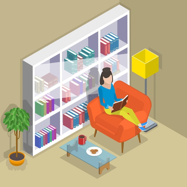 isometric flat vector concept of reading, favorite book, education.