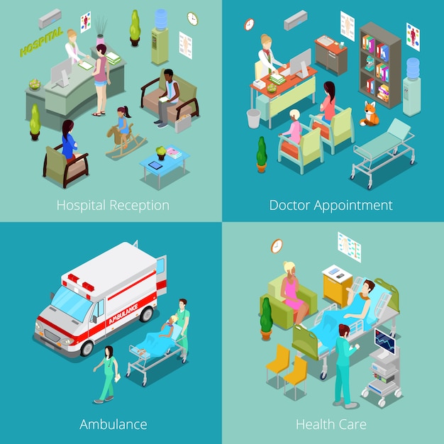 Isometric Hospital Interior. Doctor Appointment, Hospital Reception, Ambulance First Aid, Health Care.   3d flat illustration