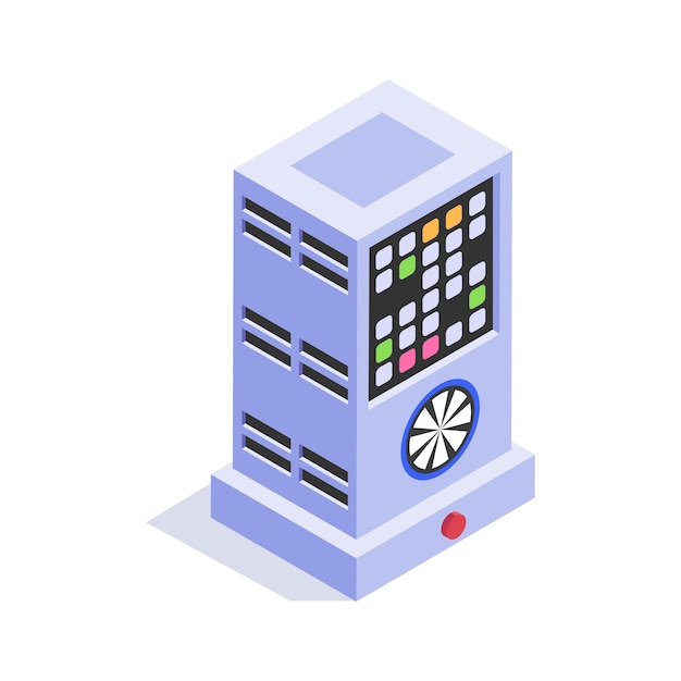 isometric icon of a server rack with colorful indicators used for data storage