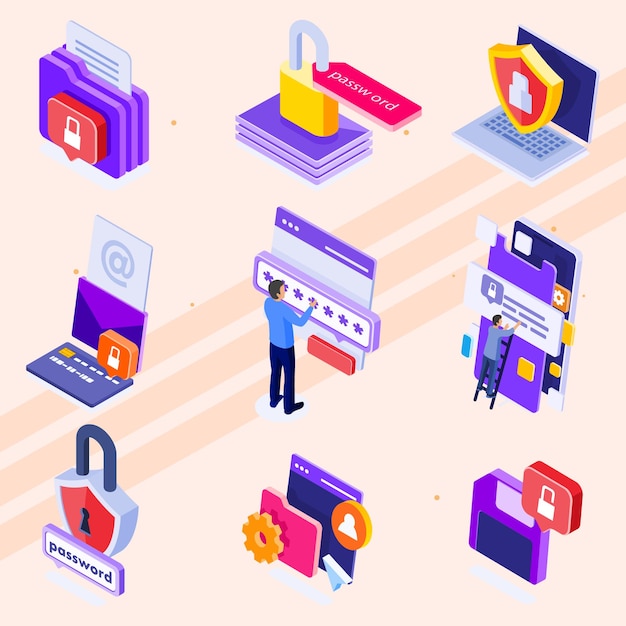 Isometric icons representing cyber security and data protection