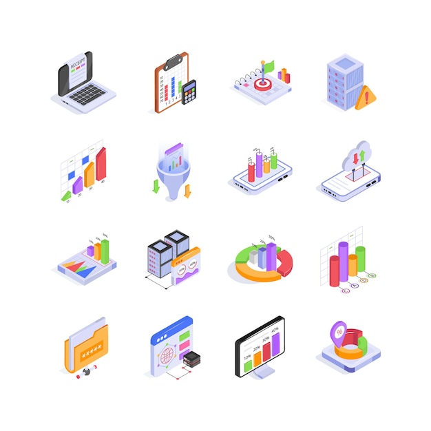 Isometric icons represents data analysis cloud computing and digital marketing