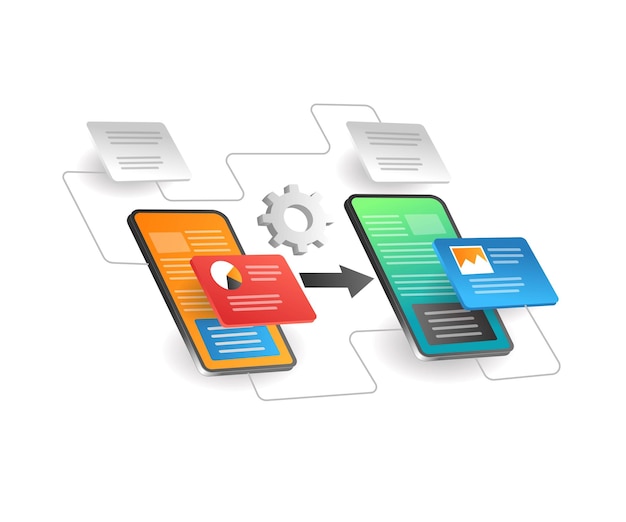 Isometric illustration concept The process of transferring application data between smartphones