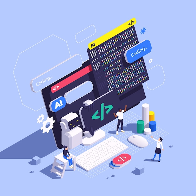 Isometric illustration of coding and ai technology