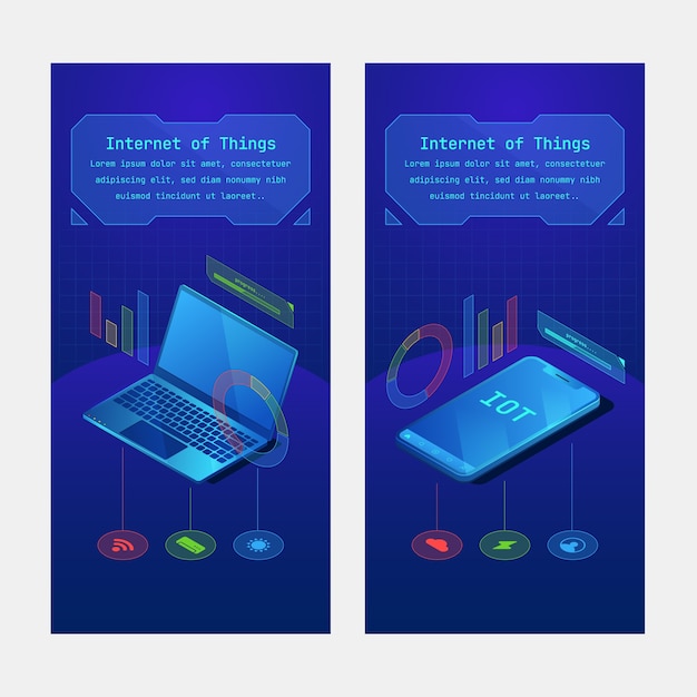 Isometric iot vertical banner template set collection with devices