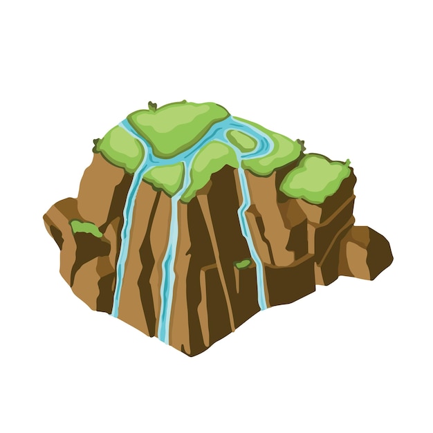 Isometric island illustration with blue water and green grass