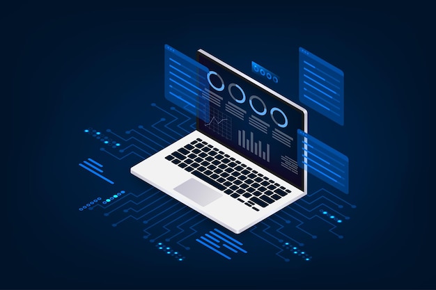 Isometric laptop monitor Abstract digital technology innovation background