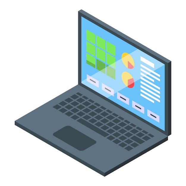 Isometric laptop with data analysis graphics