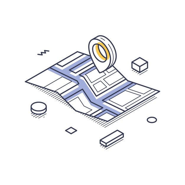 Isometric line art icon illustrating delivery service on a map with location markers and elements