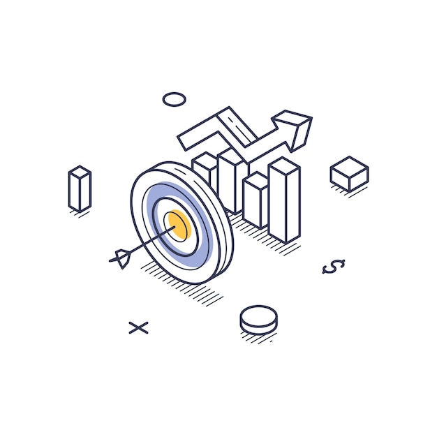 Isometric line art icon illustrating online marketing strategies and data analysis techniques