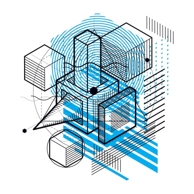 Isometric linear abstract vector background, lined abstraction. Cubes, hexagons, squares, rectangles and different abstract elements.