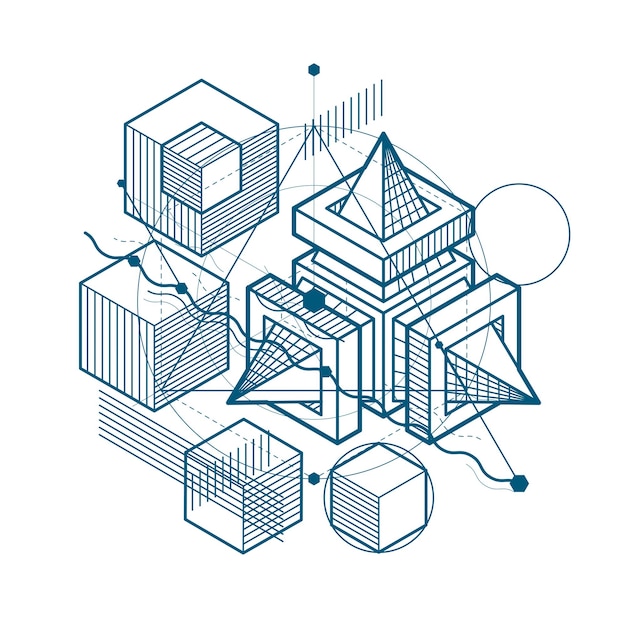 Isometric linear abstract vector background, lined abstraction. Cubes, hexagons, squares, rectangles and different abstract elements.