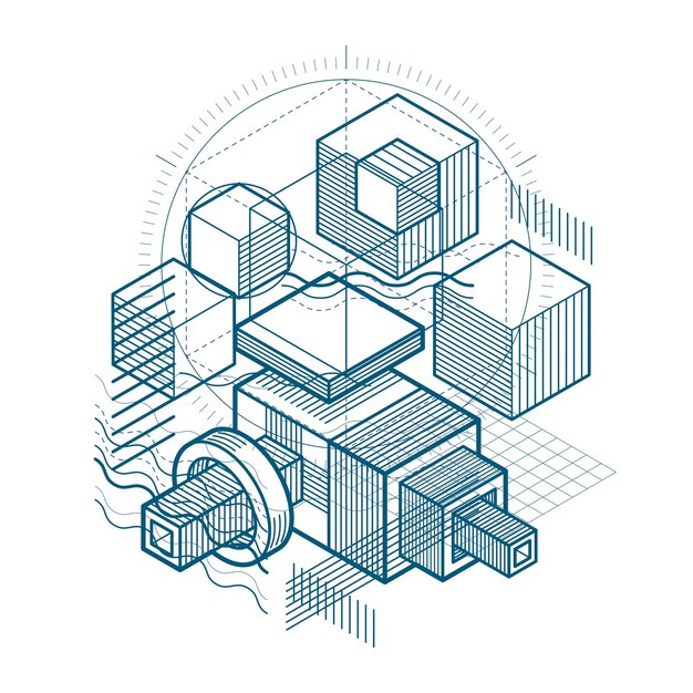 Isometric linear abstract vector background, lined abstraction. Cubes, hexagons, squares, rectangles and different abstract elements.