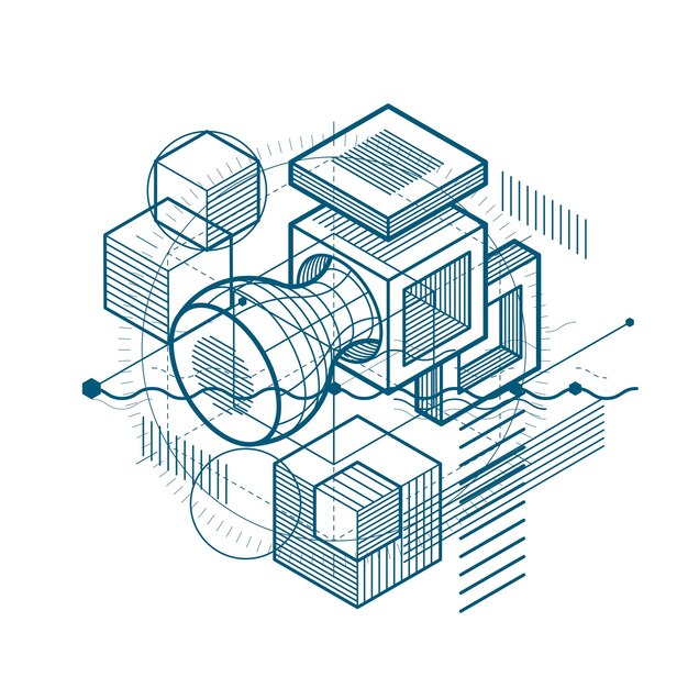 Isometric linear abstract vector background, lined abstraction. Cubes, hexagons, squares, rectangles and different abstract elements.