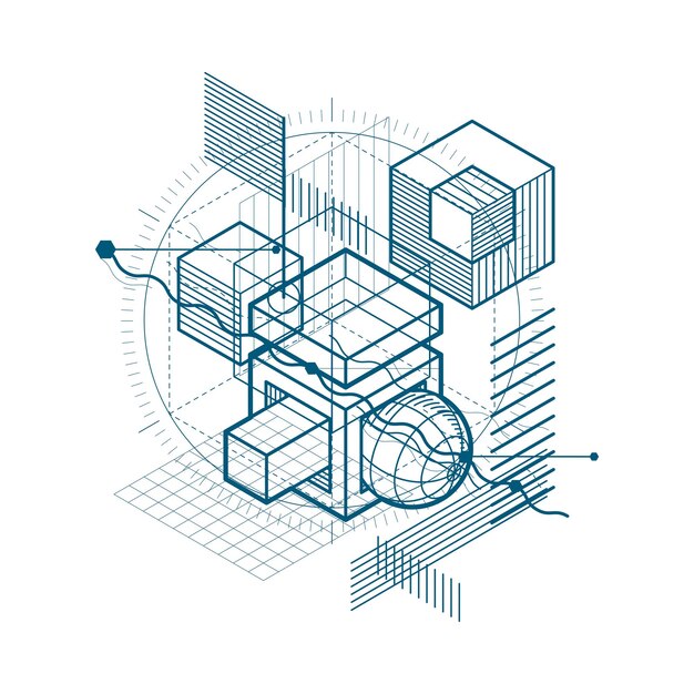 Isometric linear abstract vector background, lined abstraction. Cubes, hexagons, squares, rectangles and different abstract elements.