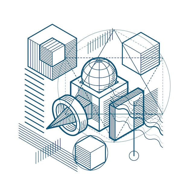 Isometric linear abstract vector background, lined abstraction. Cubes, hexagons, squares, rectangles and different abstract elements.